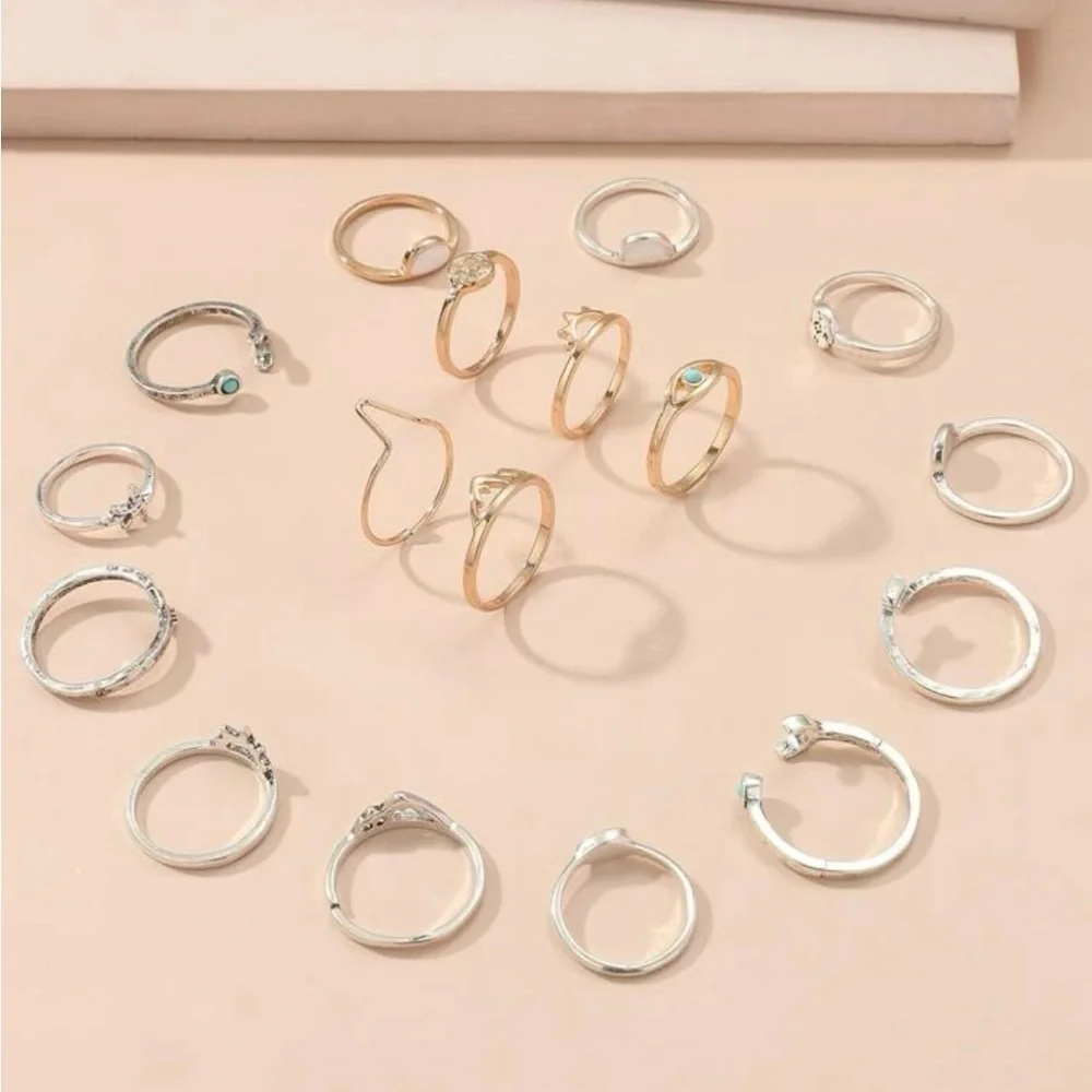 17-Piece Boho Turquoise Ring Set for Women